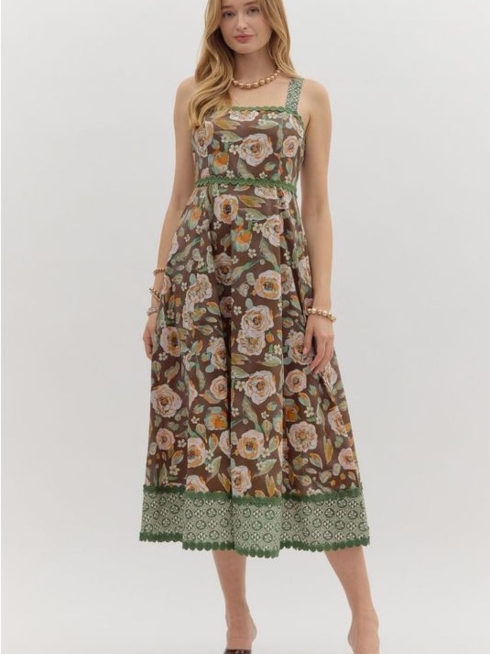 entro Brown Floral Midi Dress with Green Trim